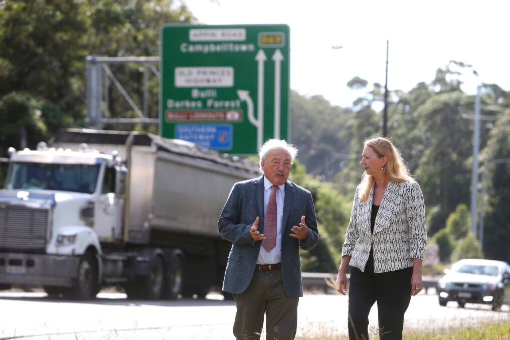 Big bucks: Macarthur MP Michael Freelander and Cunningham MP Sharon Bird announce $50m funding promise to upgrade Appin Road and $5 million for a koala overpass if Labor is elected. Picture: Sylvia Liber