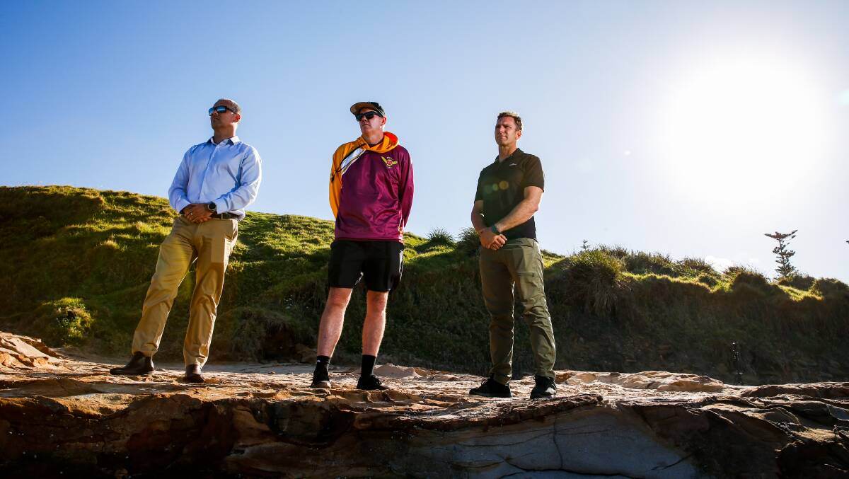 Bulli Surf Life Saving president Jamie Caldwell (left to right) and club members Dane Henderson and Sebastian James reflected on their heroic efforts to save seven men from a capsized boat on the weekend. Picture: Anna Warr