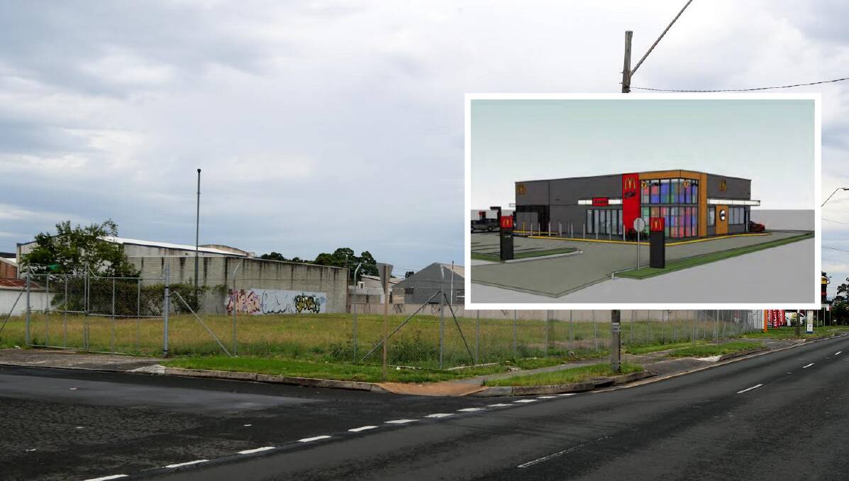 Empty: The vacant site on the Princes Highway Unanderra where a proposed McDonald's could go. Picture: Robert Peet. Inset: Store artist impression.