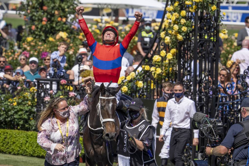 James McDonald returns Verry Elleegant to scale after winning Tuesday's Melbourne Cup. Picture: Getty