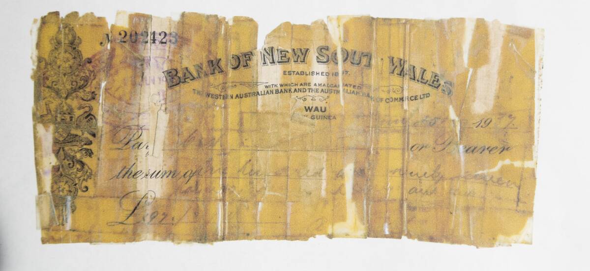 SAFE KEEPING: The Bank of NSW cheque Harry Hutt carried without him during his time in Papua New Guinea. Photo: Supplied 