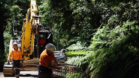The repairs to Jamberoo Mountain Rd will once again use concrete piles that were installed to repair section of road damaged in 2020. Picture by Kiama Council. 