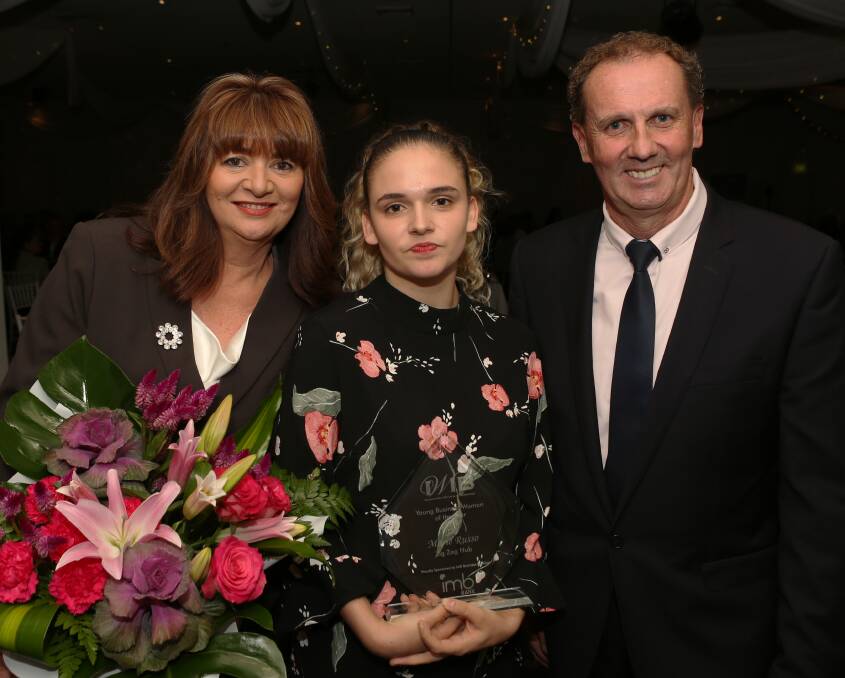 IWIB Young Business Woman of Year: Winner Marie Russo of Zig Zag Hub (centre) with Virginia Wren of Illawara ITEC and Terry Widdicombe of IMB Bank. Picture: Greg Ellis.