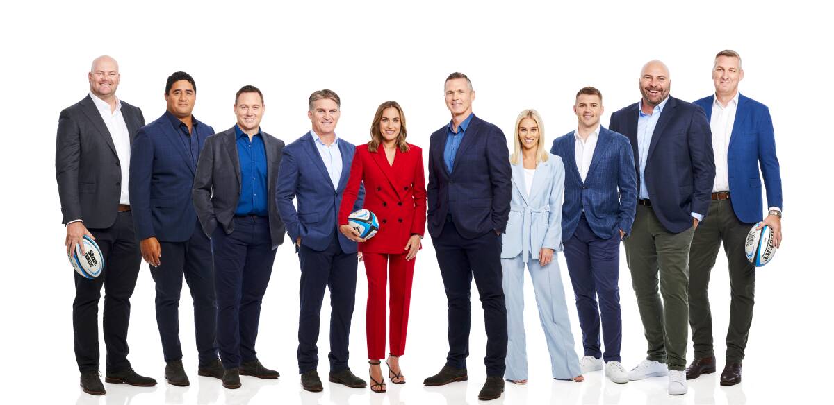 THE TEAM: Stan Sport and Nine's rugby commentators, from left, Andrew Swain, Morgan Turinui, Andrew Mehrtens, Tim Horan, Roz Kelly, Nick McArdle, Allana Ferguson, Drew Mitchell, Sean Maloney and Justin Harrison. 