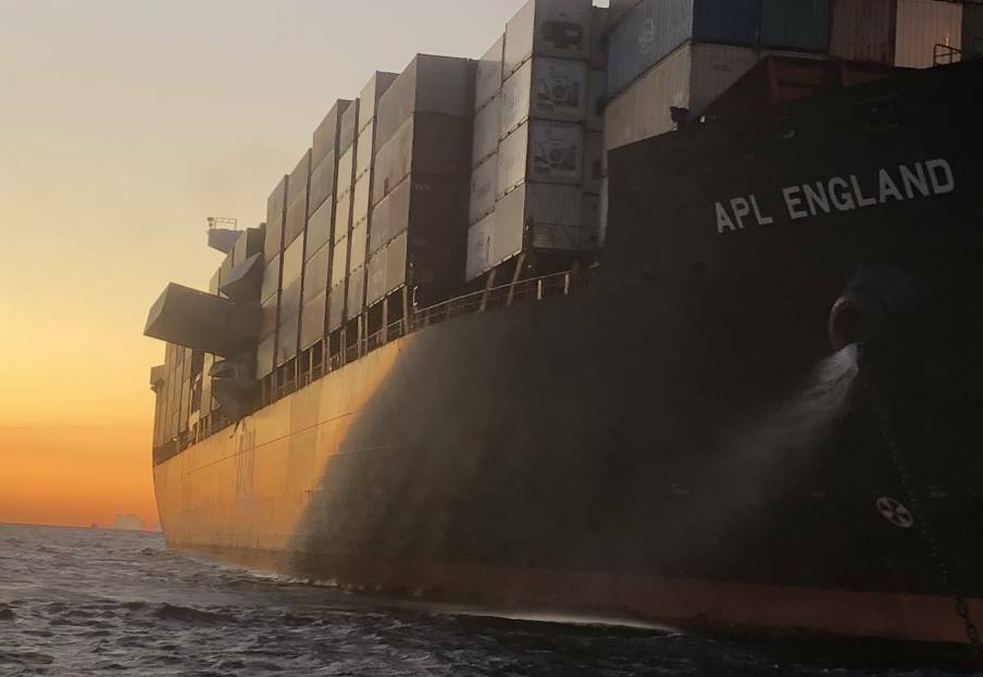 DAMAGE: Containers hanging from the APL England on Tuesday. Pictures: AMSA
