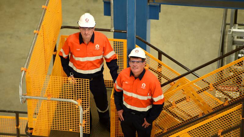 Origin Energy Frank Calabria, chief executive of Origin Energy (right) and Greg Jarvis, executive general manager, energy supply and operations inspecting the Bendeela power station.