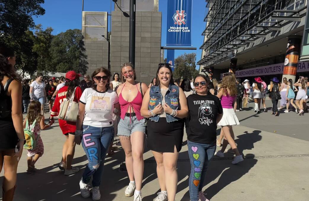 Samantha, Cassie and Ashleigh McMurdo with Jacqui Jerrett outside the MCG before the Taylor Swift gig on Sunday. Picture supplied 