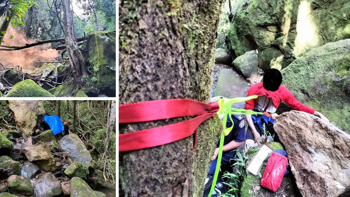Illawarra Police Rescue Squad lead the Macquarie Pass National Park rescue after a boulder fell from a cliff face landing on a lone hiker's leg, trapping him. Pictures supplied