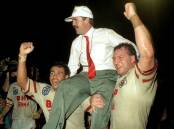 Coach Graham Murray is chaired from the field after the Steelers defeated the Broncos at Dubbo in 1992 Picture: Wayne Venables