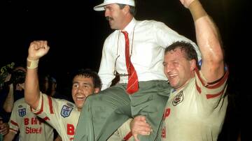 Coach Graham Murray is chaired from the field after the Steelers defeated the Broncos at Dubbo in 1992 Picture: Wayne Venables
