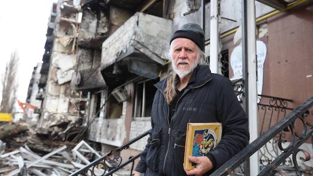 IN RUINS: George Gittoes on the ground in Borodianka, an urban settlement in Bucha, Ukraine. Photo: supplied
