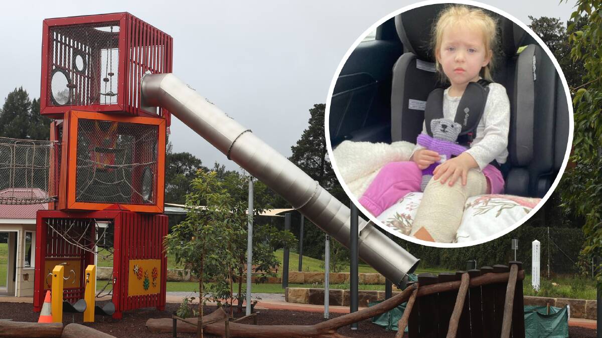 INJURED: Three-year-old Harlow (inset) after breaking her leg at the Boongaree Nature Play Park on Monday. Pictures: Mitch Liddicoat, Robert Peet