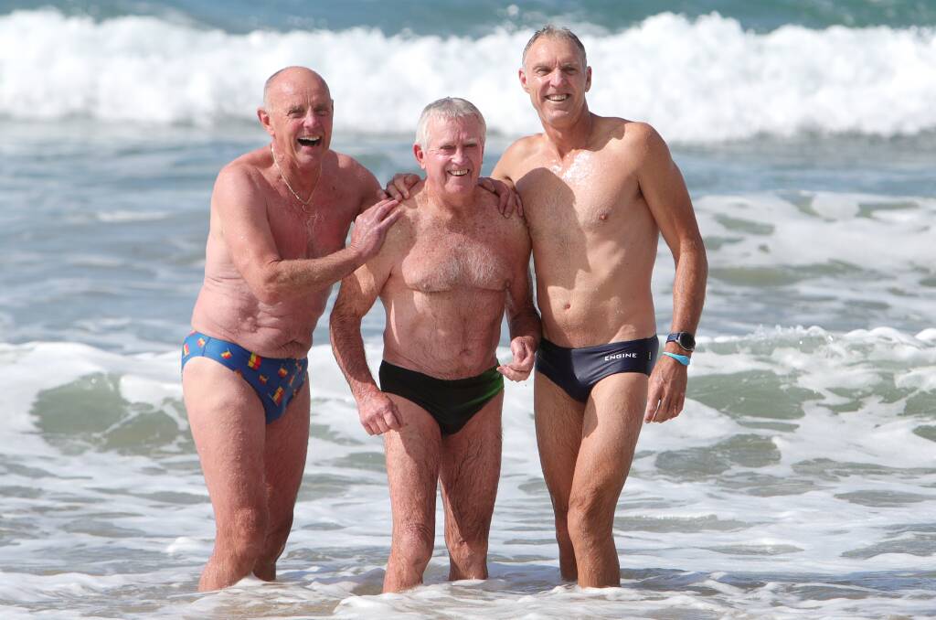 August 31: Silver Salties members Allan Hutton, 70, Lloyd Jones, 82, and Ian Sakoff, 55, at Thirroul Beach.
