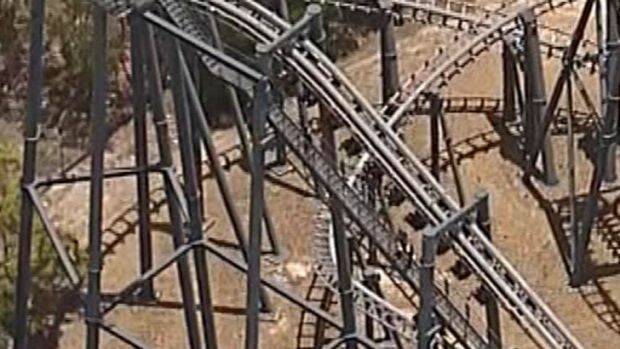 Passengers were stranded at the top of the roller-coaster at Movie World. Photo: Twitter/Seven News
