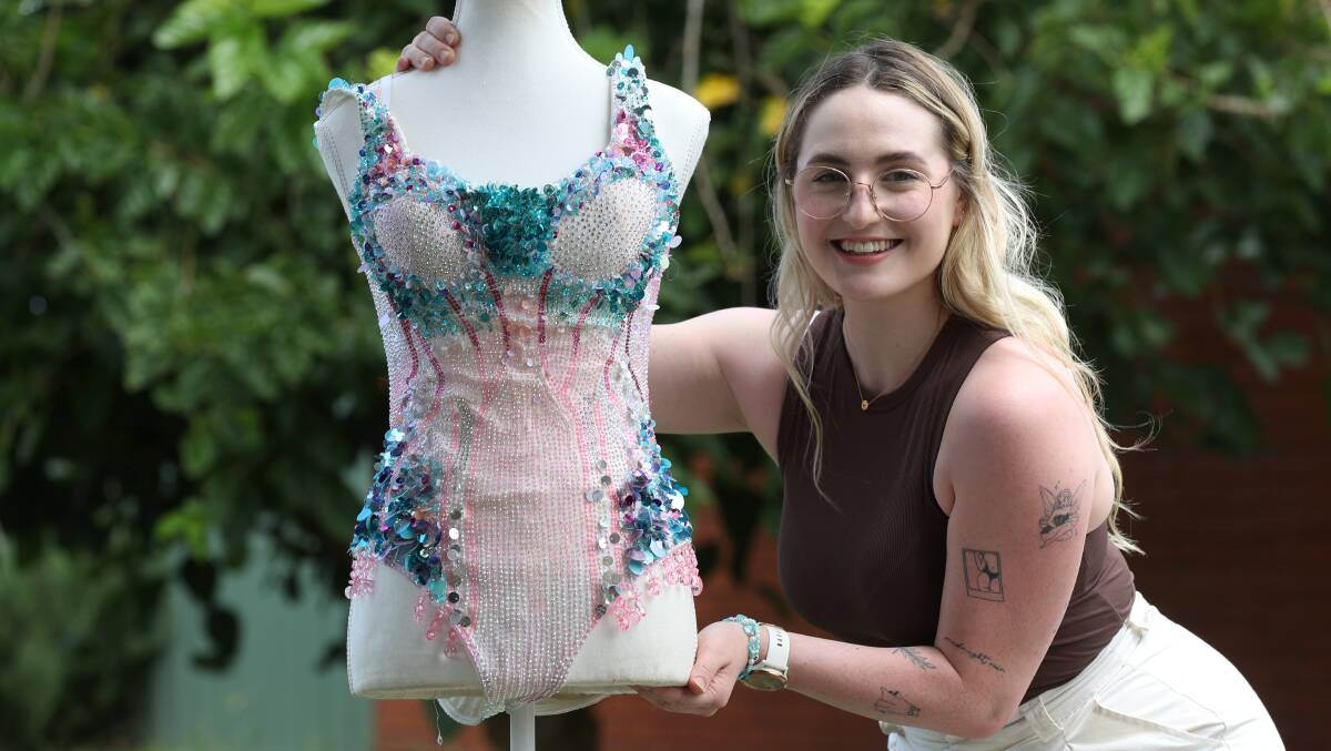 Taylor Swift super-fan Kristen Paniagua with the handmade bodysuit ready for the Era Tour. Picture by Robert Peet