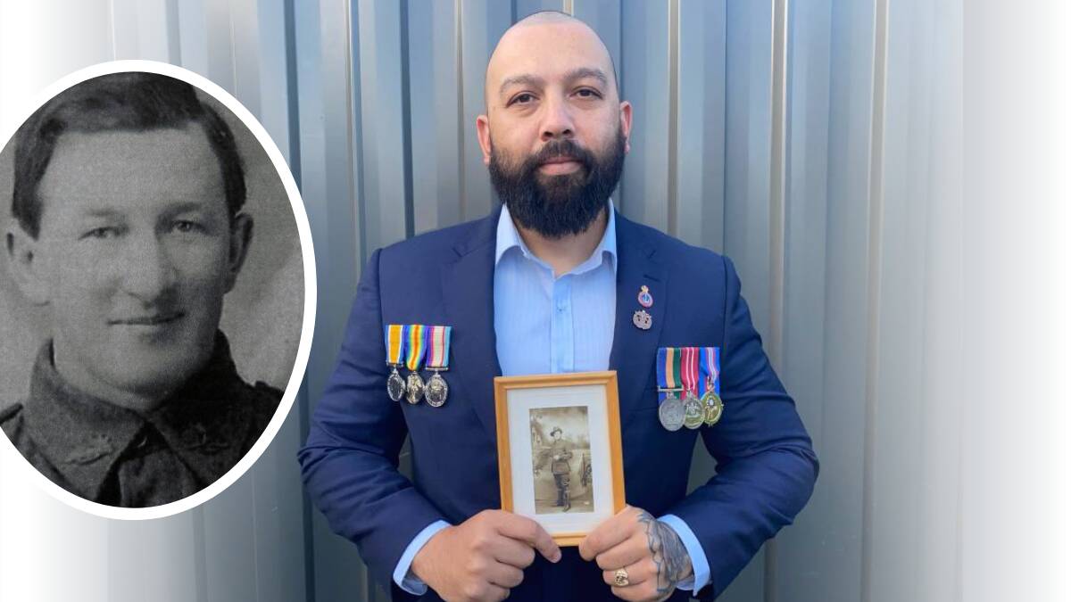 Veteran Shane Chinnock holds a photo of his great-grandfather Thomas Chinnock. Picture supplied by Shane Chinnock