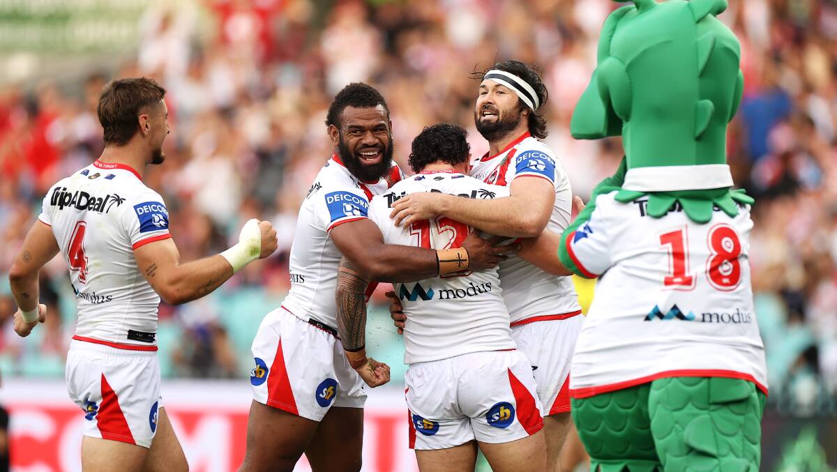Winners: The Dragons celebrate Jaydn Su'A's try in Monday's Anzac Day victory. Picture: Mark Kolbe/Getty Images
