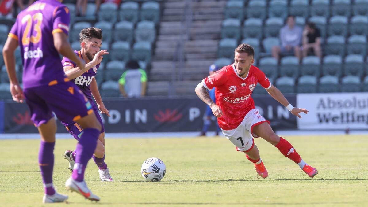 Temporary home: Wellington's Reno Piscopo chase the ball at WIN Stadium during the A-League season. Picture: Adam McLean