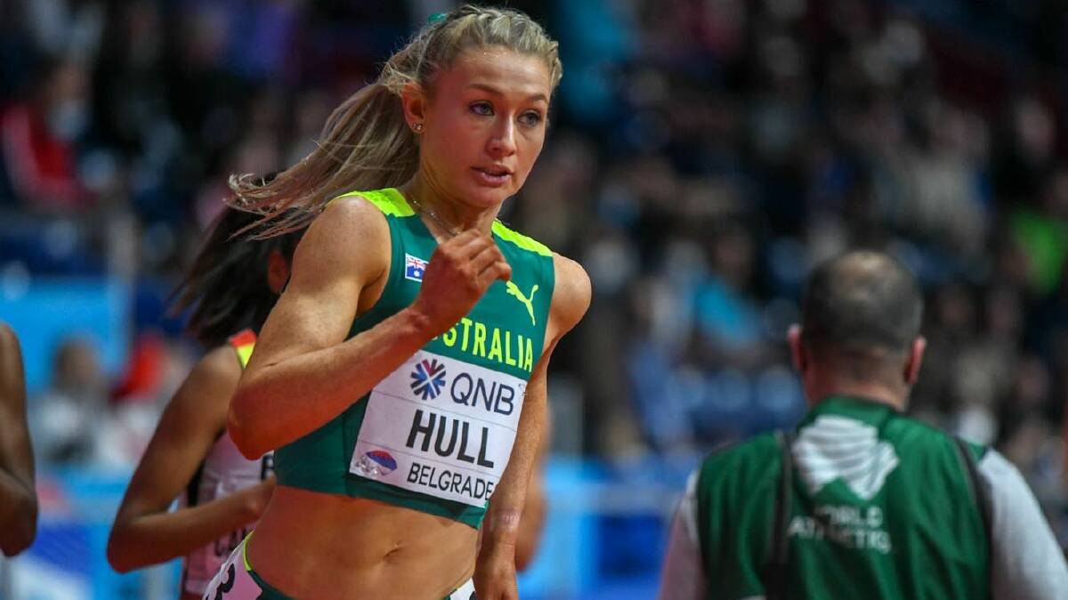 Focused: Jessica Hull chases down her rivals at the World Indoor Athletics Championships. Picture: Athletics Australia