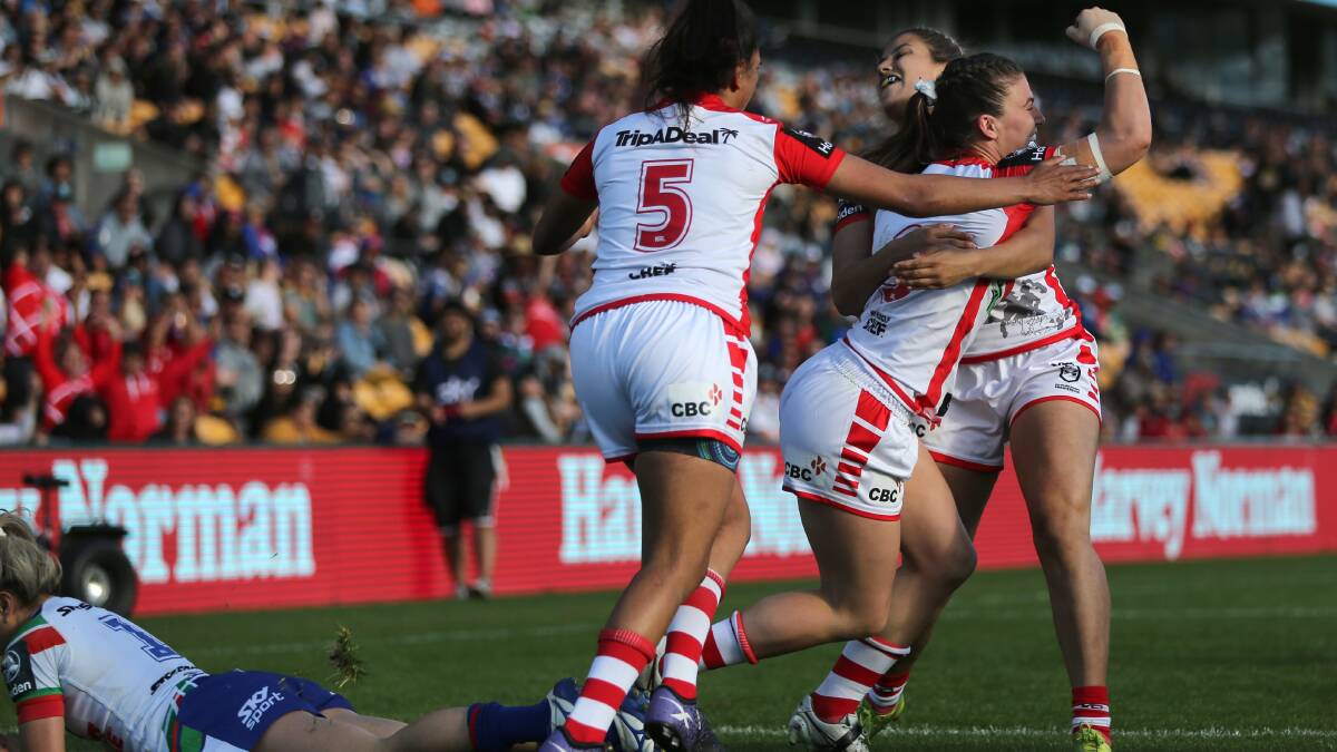 That winning feeling: Jessice Sergis celebrates her try on Sunday afternoon. Picture: NRL Imagery/Peter Meecham.
