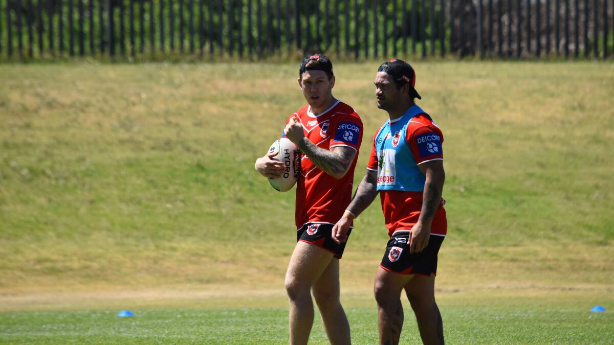 Reunion: Former Rabbitohs teammates Cameron McInnes (left) and Issac Luke have reunited at the Dragons for the 2020 season. Picture: St George Illawarra Dragons.