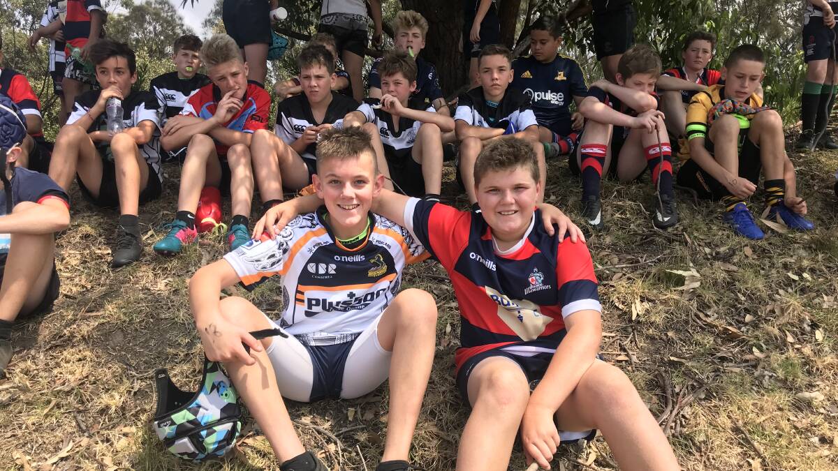 All smiles: Digby Woods (left) and Issac Elliot at Sunday's Illawarra junior representative training. Picture: Illawarra Rugby Union.