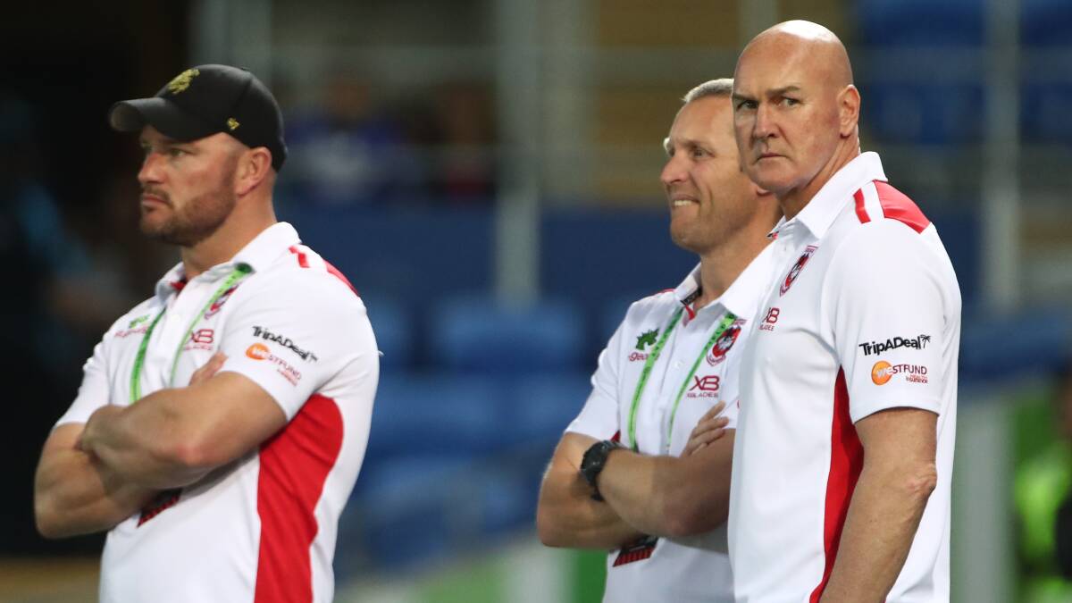 Under review: St George Illawarra coaching staff (from left) Dean Young, Ben Hornby and Paul McGregor. Picture: NRL Imagery/Jason Obrien. 