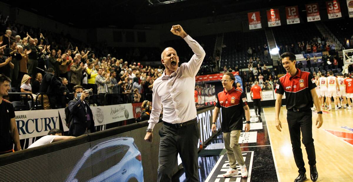 Fired up: Hawks coach Brian Goorjian celebrates Tuesday's victory over Perth. Picture: Anna Warr