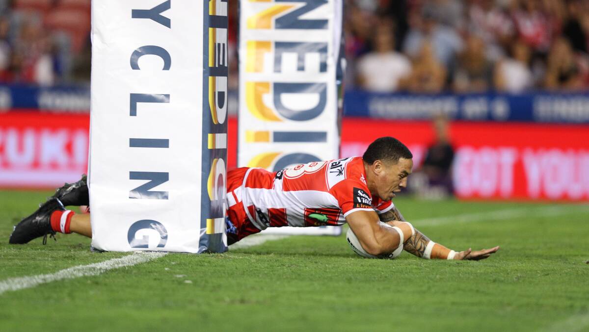Touchdown: Tyson Frizell scored within a minute of entering the field on Sunday night. Picture: NRL Photos/Paul Barkley.