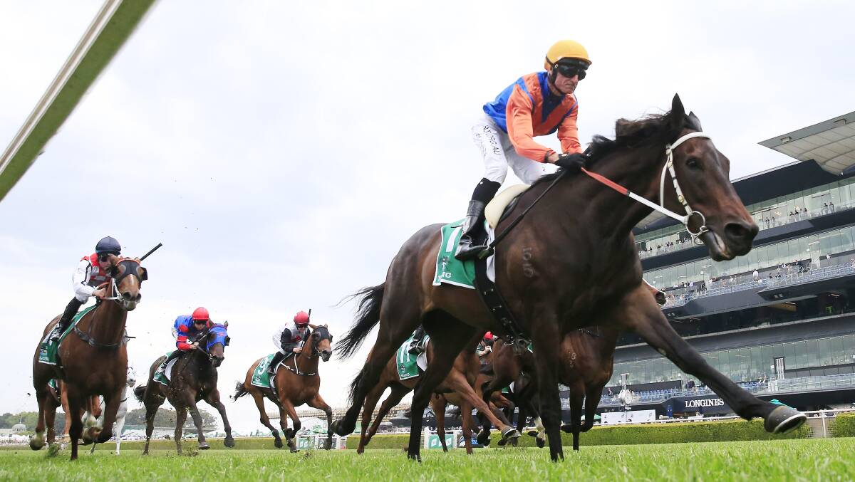 Out in front: Glen Boss rides Think It Over to victory in the Group 3 Craven Plate on Saturday afternoon. Picture: Mark Evans/Getty Images.