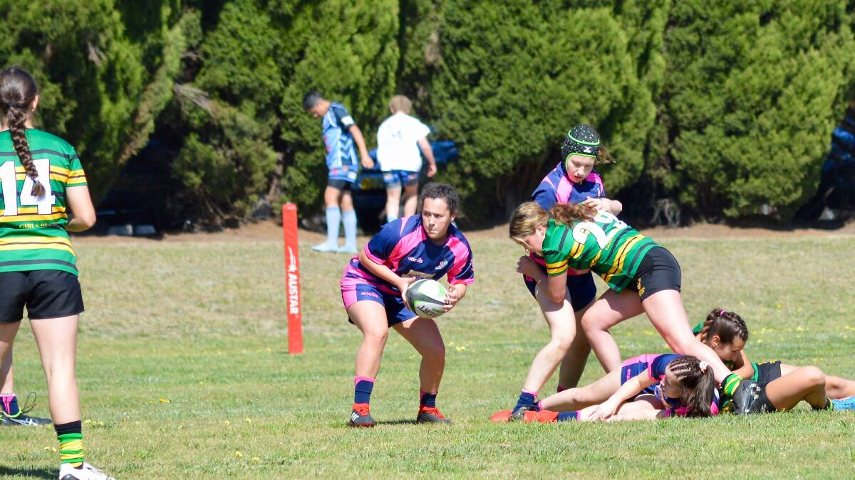Emerging talent: Illawarra junior rugby player Charlotte Tregonning looks for a teammate to link up with. Picture: Sheridon Tregonning.