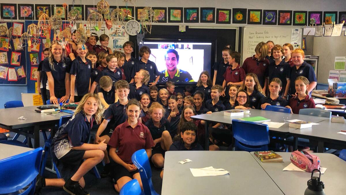 Virtual visit: Emerging batsman Jason Sangha with students from Gerringong Public School during the Cricket NSW Country Blitz. Picture: Jenna Purcell.