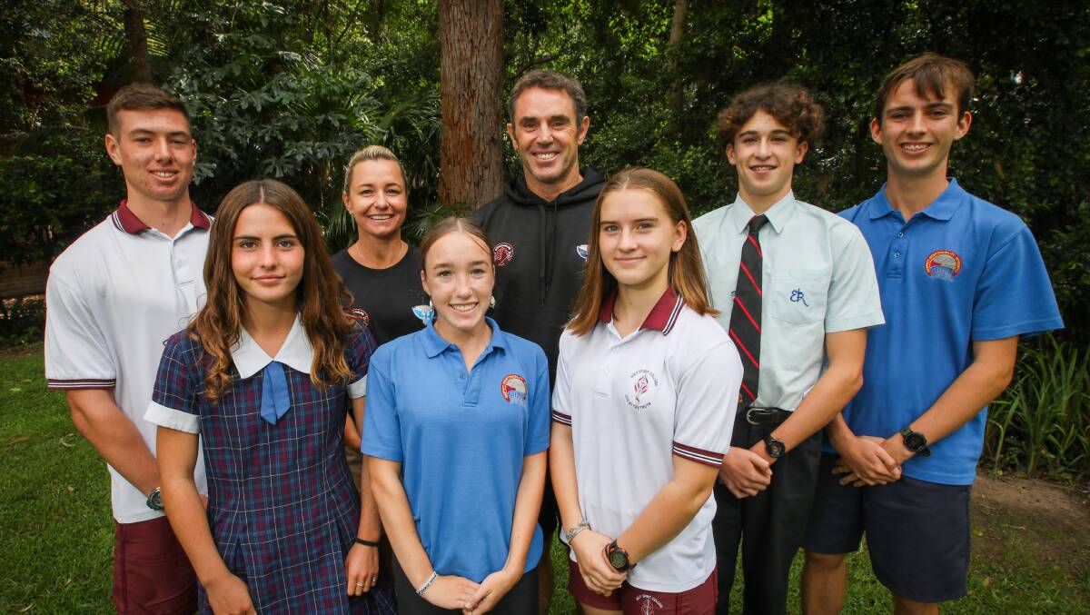 Powerful message: NSW coaches Brad Fittler and Kylie Hilder with students (from left) Liam Halloran, Loen Sevastos, Dylan Air, Bethany Whitnall, Joe Hinds and Jackson Smith at UOW on Monday. Picture: Wesley Lonergan