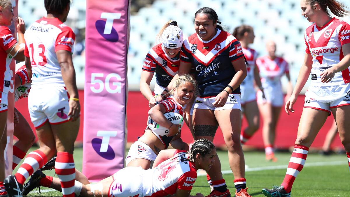 Try-time: Nita Maynard celebrates a try in the Roosters victory over St George Illawarra. Picture: NRL Imagery/Keegan Carroll. 