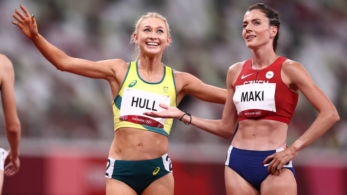 Fastest woman in Australia: Jessica Hull reacts after setting a national record in the 1500m semi-final on Wednesday night. Picture: Ryan Pierse/Getty Images
