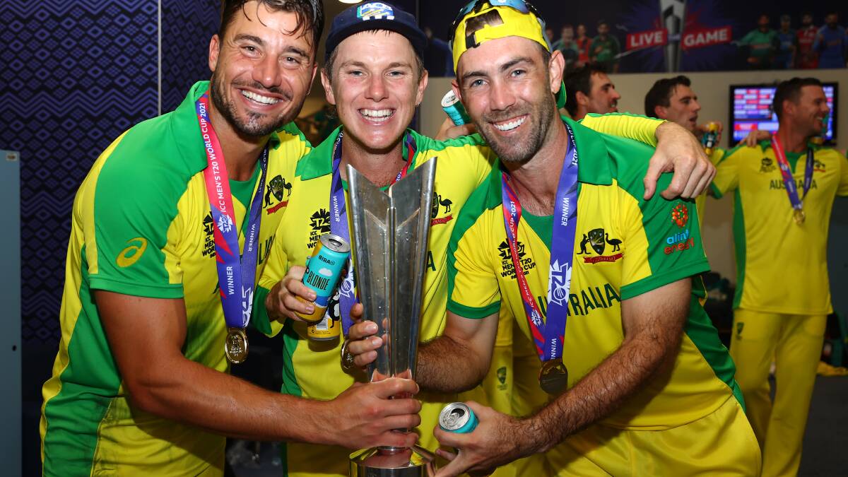 World Champions: Adam Zampa (centre) celebrates Australia victory at the Twenty20 World Cup. Picture: Michael Steele-ICC/ICC via Getty Images