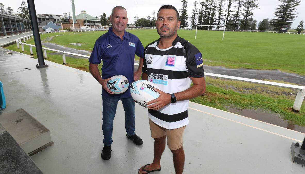 Ready for kick-off: Kiama Sevens tournament director Mark Bryant with Kiama coach Scott Morgan have completed preparations for the 50th edition of the competition. Picture: Robert Peet