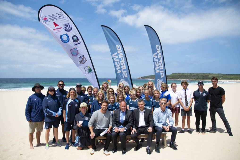 Landmark deal: Surfing students at the announcement of the surfing school partnership. Picture: Surfing NSW.