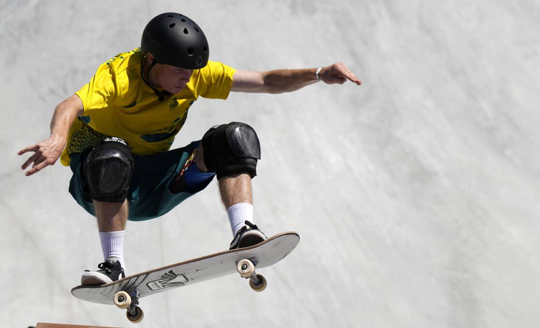 Successful debut: Minnamurra's Kieran Woolley competes in the skateboard park event at the Tokyo Olympics. Picutre: Ben Curtis/AP
