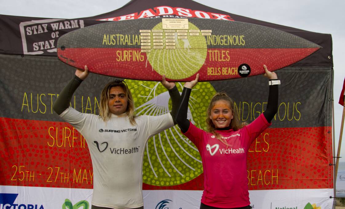 Reigning supreme: Rohnin Henry-Micale (left) and Summer Simon after the Australian Indigenous Surfing Titles. Picture: Surfing Victoria. 