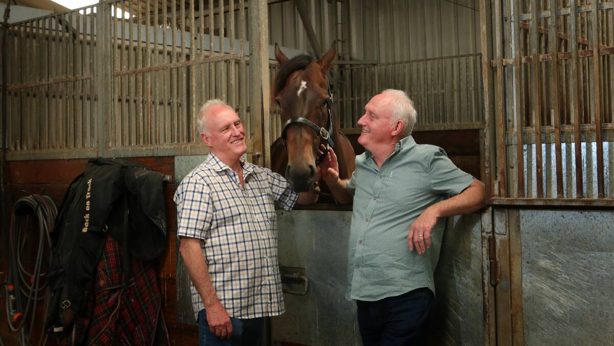 Twin ambitions: Owners Bruce (left) and Ken Noble with their star gelding Count De Rupee. The horse will race for Group 1 glory on Saturday. Picture: Sylvia Liber