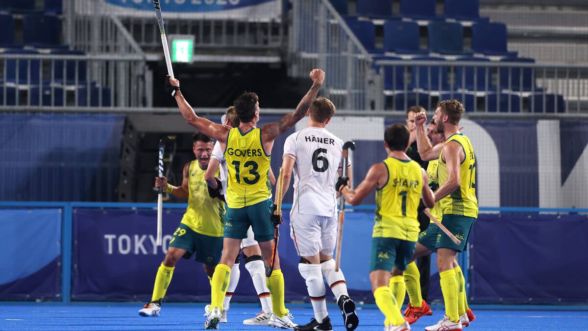 Jubilation: Blake Govers celebrates his go-ahead goal in Tuesday's semi-final victory over the Kookaburras. Picture: Alexander Hassenstein/Getty Images