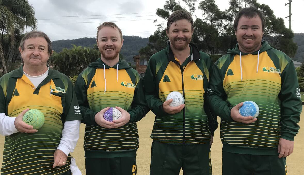 Triumph: Dapto Citizens Wayne Ford and his sons Troy, Cayne and Ben won the 2021 Zone Champion Fours at Woonona BC. Picture: Mike Driscoll 