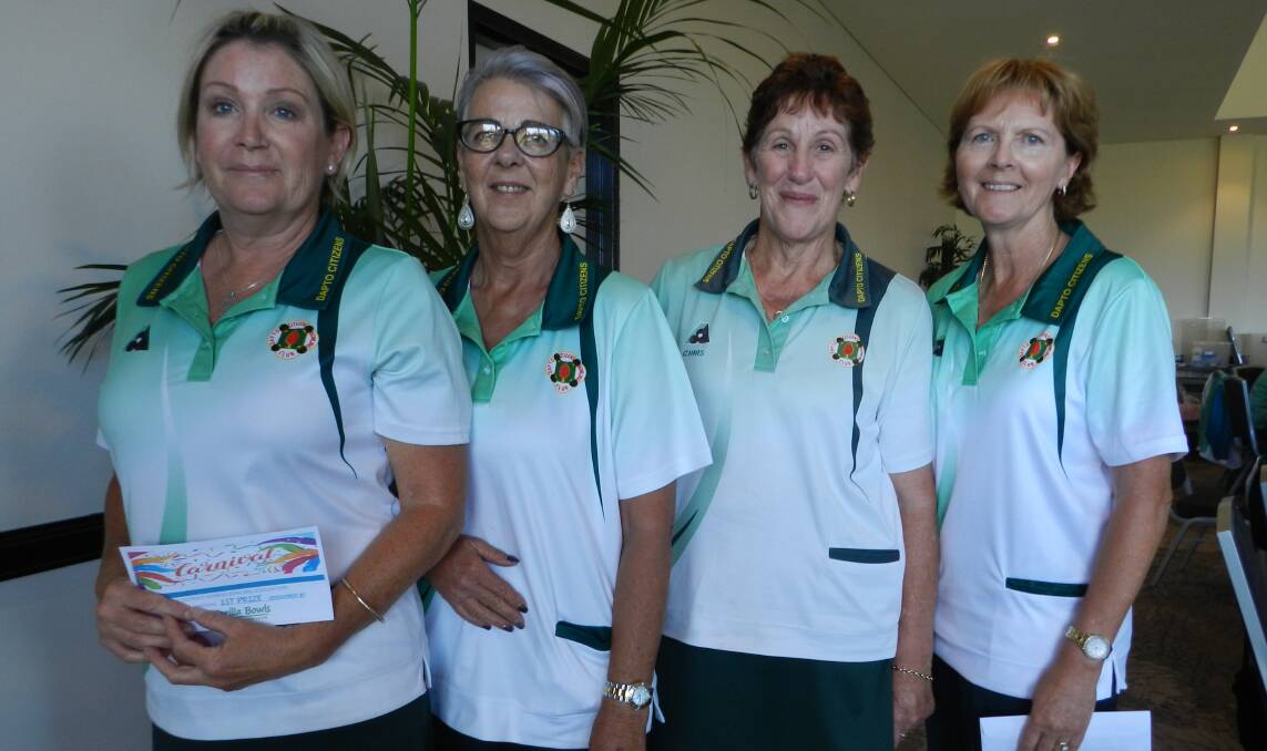 Unbeaten: Dapto Citizens Linda Meiser, Debbie Kelly, Chris Ellem and Kim Suckley won the 2019 Illawarra District Carnival at Warilla.
