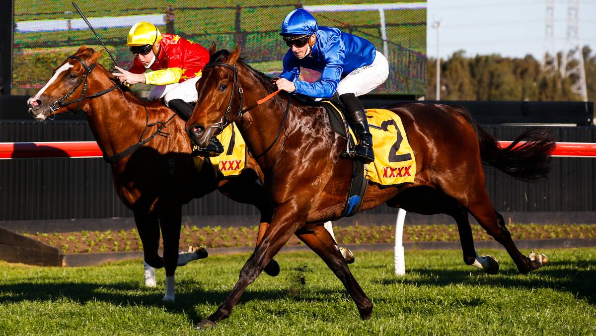 Impressive: Anamoe storms past In The Congo to take out the Run To The Roses at Kembla Grange on Saturday. Picture: Anna Warr