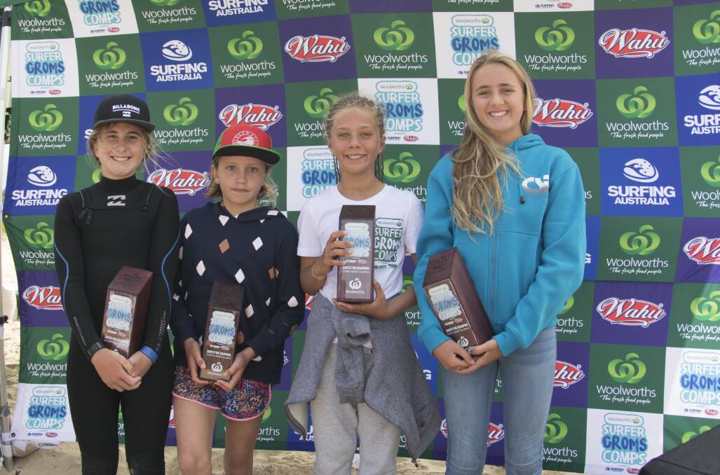Surf stars: Bodhi Simon (right) and Tyla Hurst (far right) claimed podium finishes in the Kiama round of the Junior Surfing Groms series. Picture: Shannon Glasson/Surfing NSW
