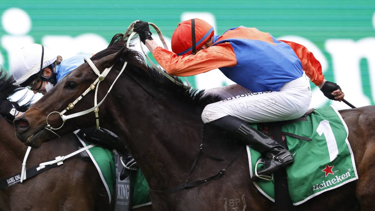 Late lunge: Think It Over wins the Group 2 Chelmsford Stakes at Randwick on Saturday. Picture: Mark Evans/Getty Images