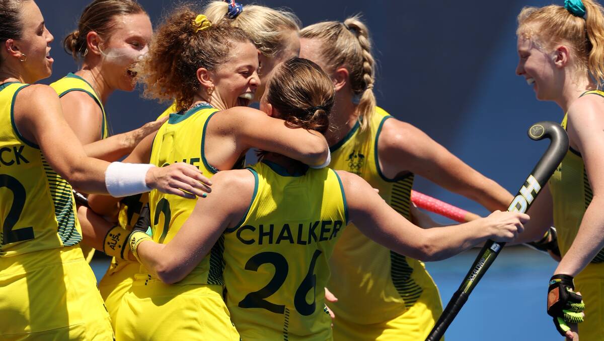 Jubilation: The Hockeyroos celebrate a goal in Sunday's victory over Spain. Picture: Julian Finney/Getty Images