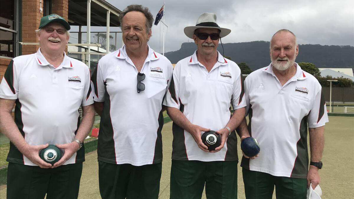 Proud: Nobby Clark and Milavoy Marcovic with Mick Horrell and Phil Bartrim ahead of their Bellambi Major Pairs final. Picture: Mike Driscoll.