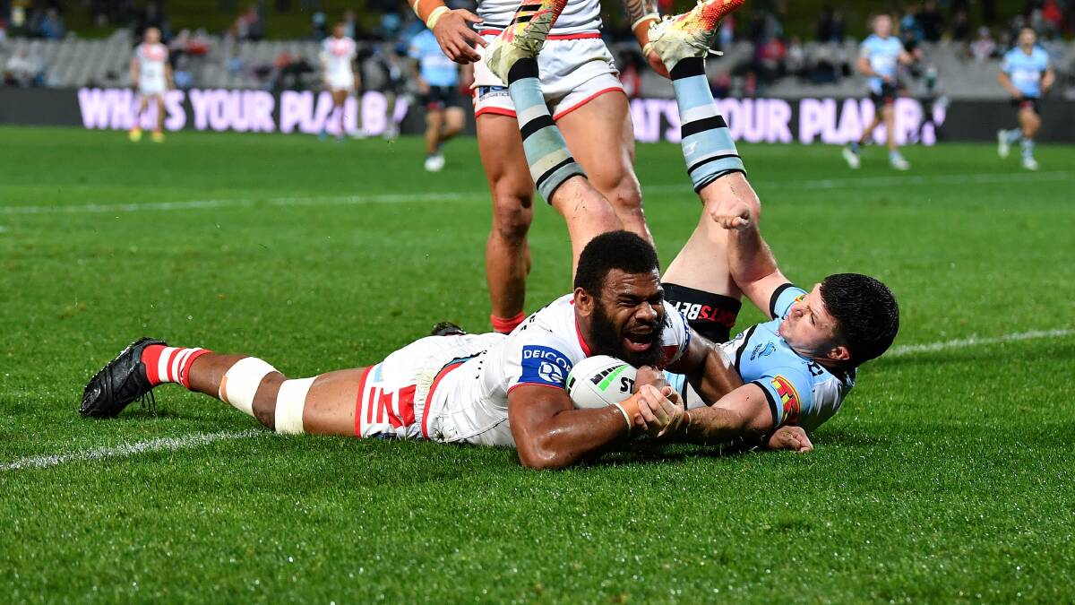 Try time: Mikaele Ravalawa crossed for the Dragons on Saturday night. Picture: Gregg Porteous/NRL Imagery.